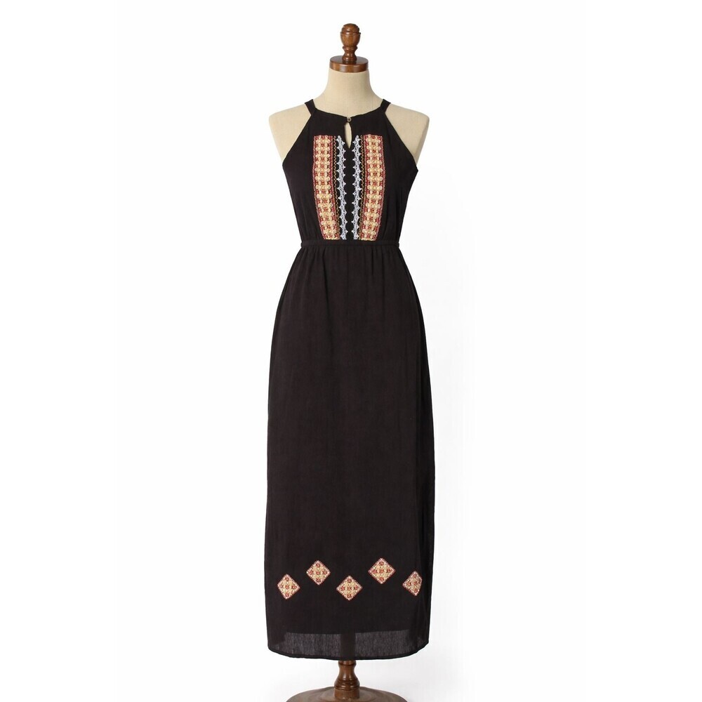 J. Peterman Maxi Dress Size 4 Beaded Embroidered Sleeveless Cotton Boho Beach